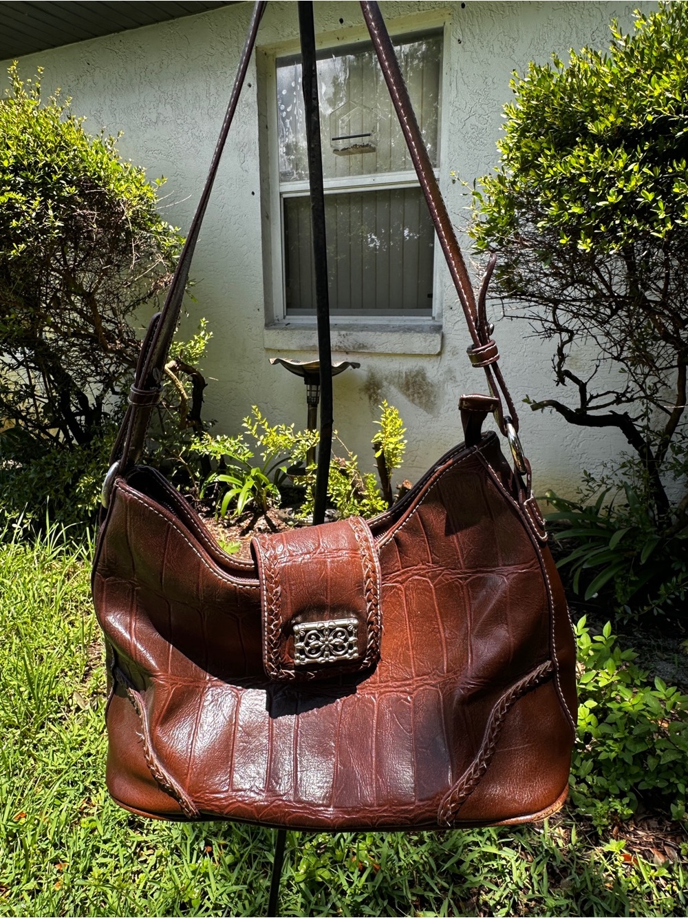 Bueno Brown Croc-Embossed Shoulder Bag with Decorative Metal Clasp